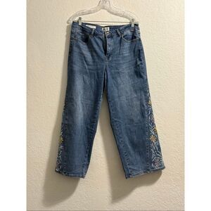 Tribal Womens Jeans Audrey Mid Rise Wide Leg Crop With Embroidered Flowers 12